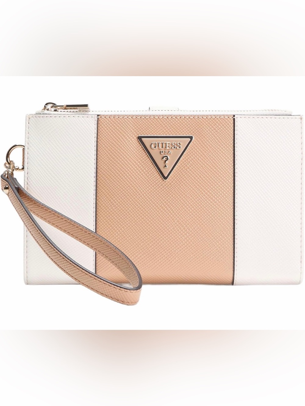 GUESS White and Blush Saffiano Wristlet with Gold Logo